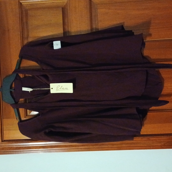 Elan Tie Neck Cold Shoulder Blouse, L, Burgundy, racer back. Bell sleeves - Picture 1 of 4